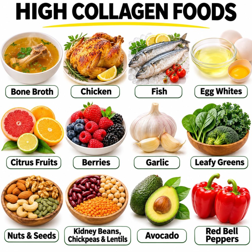 A grid of high collagen foods including bone broth chicken fish egg whites citrus fruits berries garlic leafy greens nut