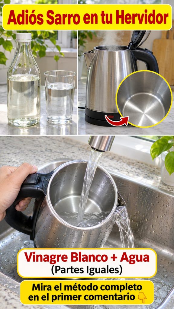 A hand rinsing a stainless steel electric kettle under a kitchen faucet water flowing into the sink Overlay text says Ke