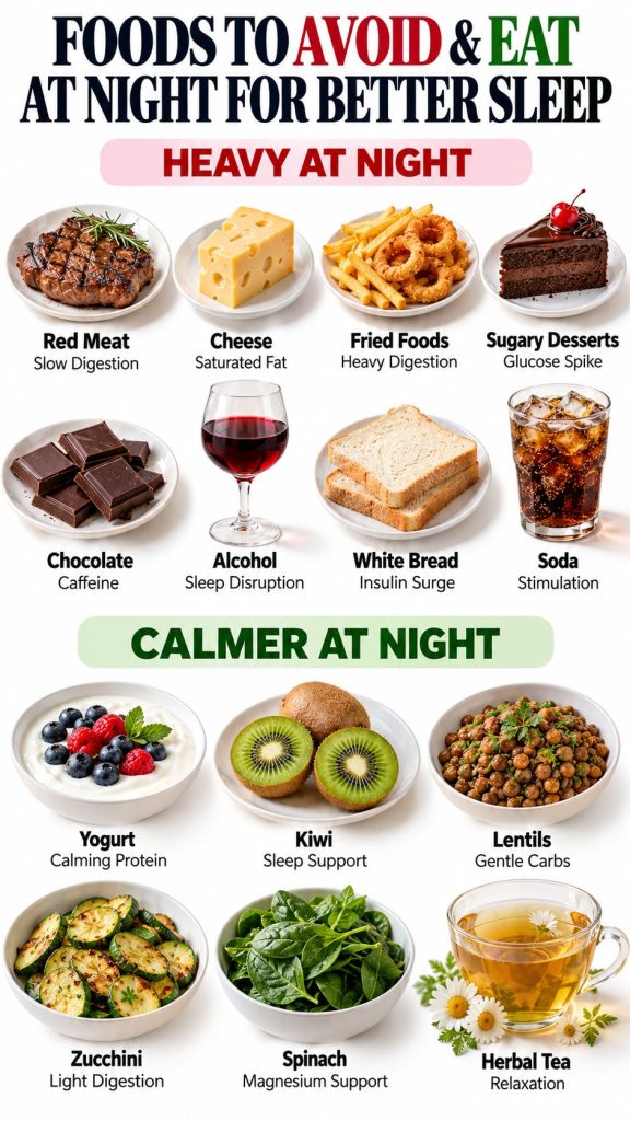 An infographic showing foods to avoid and foods to eat for better sleep divided into Heavy at Night and Calmer at Night 