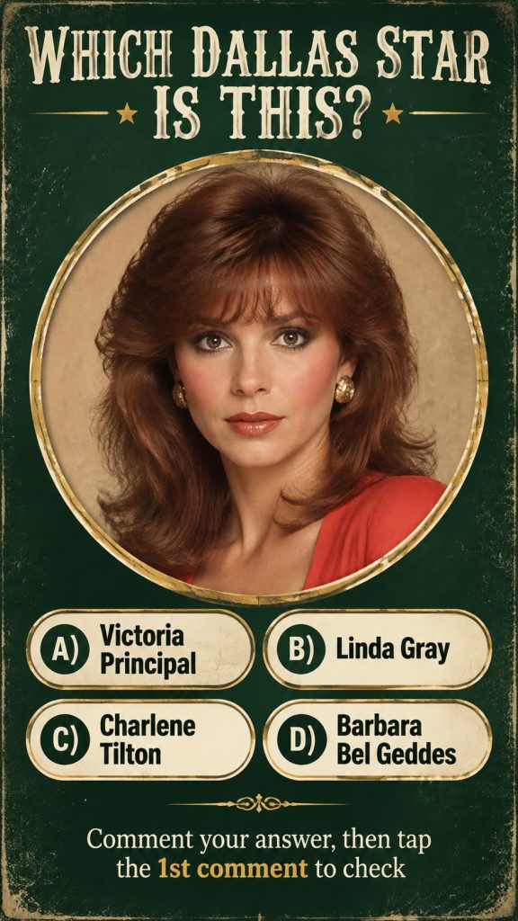 A quiz card featuring a headshot of Victoria Principal in a circular aged-look frame against a dark green background The